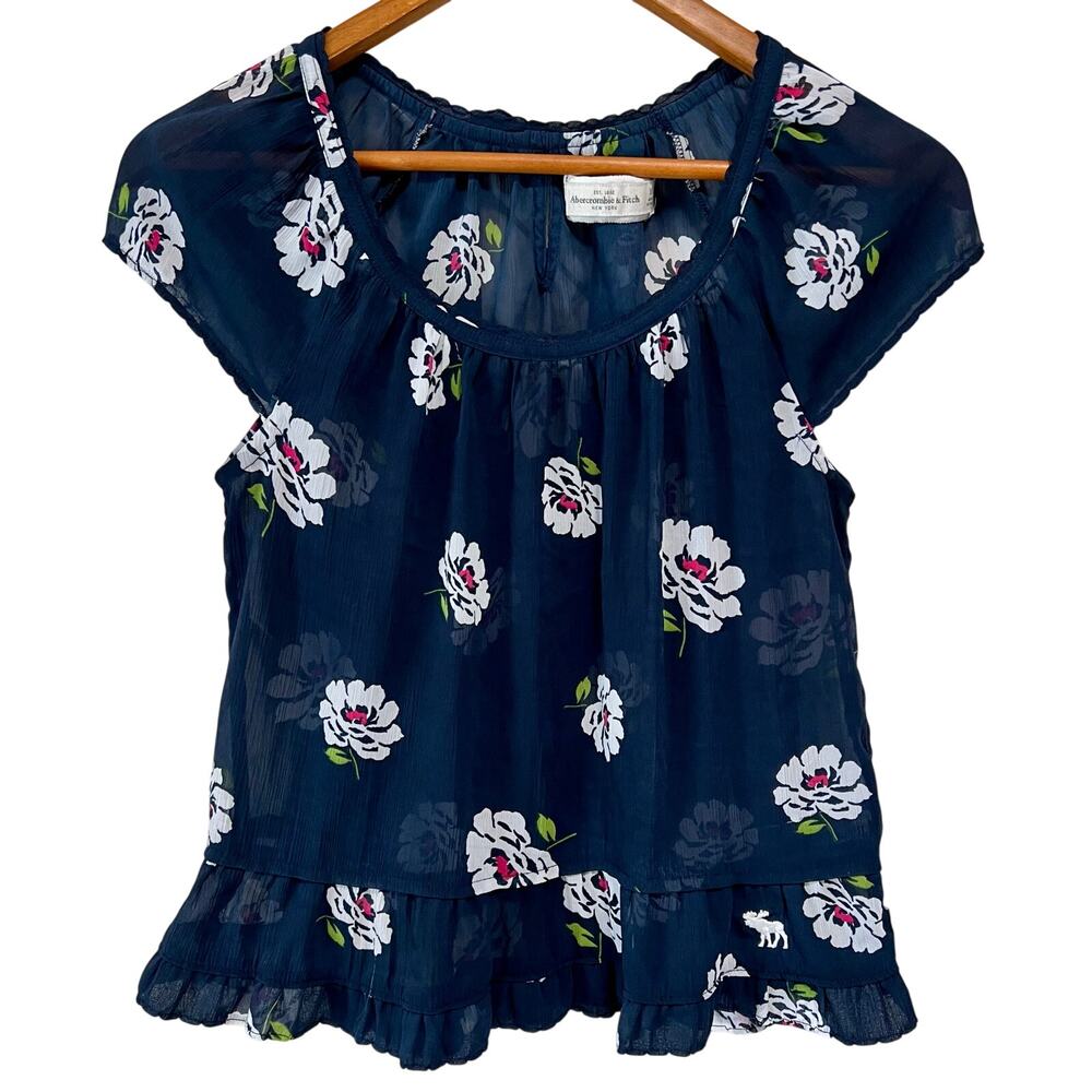 Abercrombie & Fitch Y2K Navy Floral Chiffon Blouse Ruffle Hem Sheer Top XS